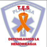 Gráfico de PLATESA con el emblema de los técnicos en emergencias sanitarias, un lazo naranja y el lema Detengamos la hemorragia