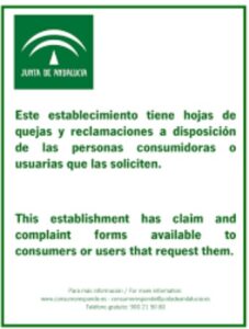 Cartel oficial de la Junta de Andalucía que informa de la disponibilidad de hojas de quejas y reclamaciones para personas consumidoras