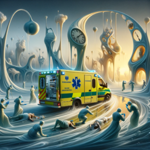 Ilustración surrealista con relojes derretidos y una ambulancia amarilla en un paisaje onírico.