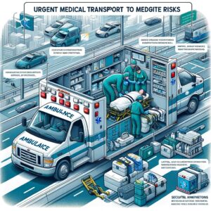 Ilustración isométrica de una escena de transporte sanitario urgente con ambulancias y personal atendiendo a un paciente.