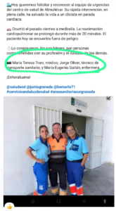 Captura de una publicación que felicita al equipo de urgencias del centro de salud de Almuñécar por salvar la vida a un ciclista en parada cardíaca.