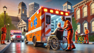 Ilustración de técnicos en emergencias sanitarias junto a una ambulancia atendiendo a una persona en silla de ruedas en una calle al atardecer.
