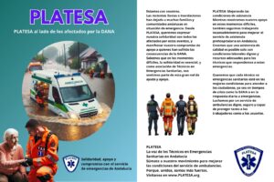 Cartel de PLATESA al lado de los afectados por la DANA, con imágenes de una ambulancia en zona inundada y técnicos en emergencias atendiendo a vecinos.
