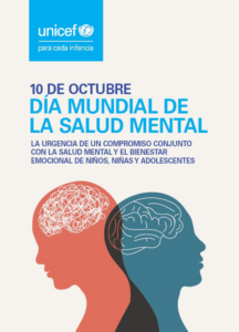 Cartel de Unicef sobre el Día Mundial de la Salud Mental del 10 de octubre, con dos siluetas de cabezas y cerebros.