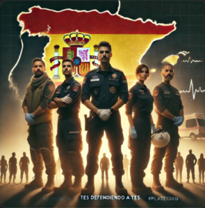 Ilustración de un grupo de profesionales de emergencias posando ante el mapa de España con la bandera nacional y el lema TES defendiendo a TES.