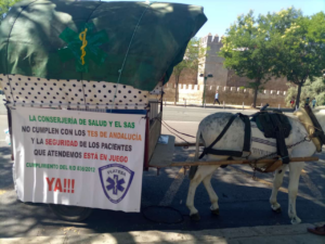 Carro tirado por un caballo con una pancarta de PLATESA que denuncia que la Consejería de Salud y el SAS no cumplen con los TES de Andalucía.