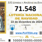 Papeleta de la Lotería Nacional de Navidad de PLATESA con el número 71.548 para el sorteo del 22 de diciembre de 2024 al precio de 5 euros.