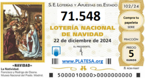 Papeleta de la Lotería Nacional de Navidad de PLATESA con el número 71.548 para el sorteo del 22 de diciembre de 2024 al precio de 5 euros.