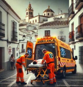 Ilustración de una ambulancia circulando por una calle de un pueblo con una iglesia al fondo