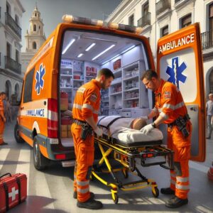 Dos técnicos en emergencias sanitarias atienden a un paciente en una camilla junto a una ambulancia abierta en una plaza