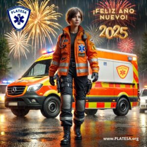 Cartel PLATESA FELIZ AÑO NUEVO 2025 con TES femenina en uniforme naranja ante ambulancia PLATESA y fuegos artificiales