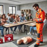 Imagen IA de TES en uniforme naranja impartiendo taller CPR con maniquí y botiquín FIRST AID