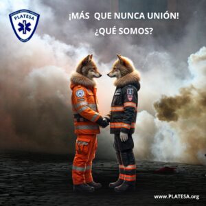 Cartel de PLATESA con dos lobos vestidos de técnicos en emergencias sanitarias y el lema '¡Más que nunca unión!'