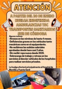 Cartel huelga indefinida desde 20 enero Ambulancias TSC Sur Córdoba: 4 meses sin cobrar, vehículos deficientes