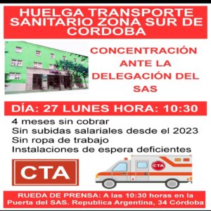 Cartel CTA convocando huelga de transporte sanitario Sur Córdoba el 27 enero, 4 meses sin cobrar
