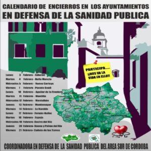 Cartel calendario de encierros en ayuntamientos del Sur de Córdoba en defensa de la sanidad pública