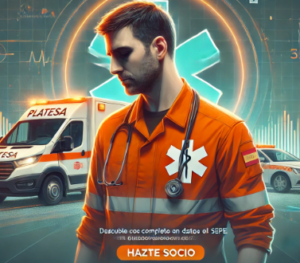 Cartel PLATESA con TES en uniforme naranja y ambulancia, llamada a la acción hazte socio
