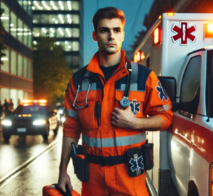 Imagen IA de TES masculino en uniforme naranja frente a ambulancia con luces de emergencia de noche