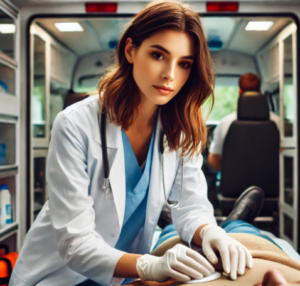 Imagen IA de sanitaria con bata blanca y estetoscopio atendiendo a paciente en ambulancia
