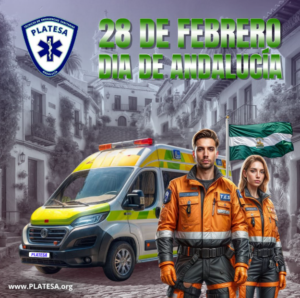 Cartel PLATESA para el 28 de Febrero Día de Andalucía con dos TES uniformados y bandera andaluza