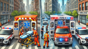 Ilustración comparativa de dos tipos de ambulancias: A1 convencional y Type C SVA en entorno urbano