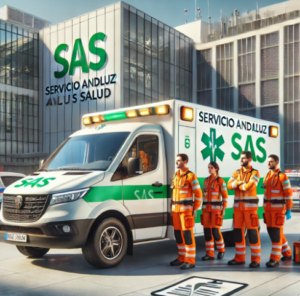 Imagen generada por IA de ambulancia SAS y TES con uniforme naranja frente a edificio institucional