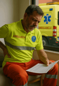 Técnicos en Emergencias Sanitarias revisando documentación junto a una ambulancia