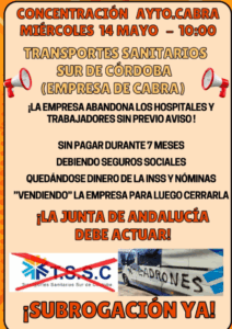 Cartel convocando concentración en el Ayuntamiento de Cabra el miércoles 14 de mayo a las 10:00 por los impagos de Transportes Sanitarios Sur de Córdoba