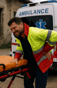 Profesionales de emergencias sanitarias trasladando a un paciente en camilla junto a una ambulancia