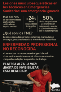 Infografía de PLATESA con estadísticas sobre trastornos musculoesqueléticos en los TES: más del 70% afectados, 24% con bajas y 50% con dolencias crónicas