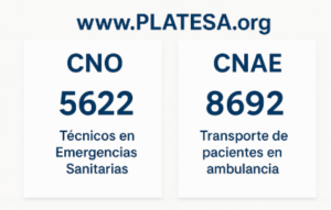 Infografía de PLATESA mostrando los códigos CNO 5622 para Técnicos en Emergencias Sanitarias y CNAE 8692 para transporte de pacientes en ambulancia