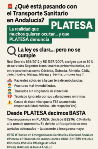 Infografía de PLATESA sobre los problemas del transporte sanitario en Andalucía, denunciando incumplimientos y condiciones precarias