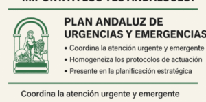 Infografía del Plan Andaluz de Urgencias y Emergencias con sus funciones principales: coordinar atención urgente, homogeneizar protocolos y planificación estratégica