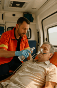 Técnico en Emergencias Sanitarias atendiendo a un paciente dentro de una ambulancia durante una jornada calurosa