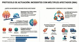 Infografía sobre el protocolo de actuación ante incidentes con múltiples afectados IMA con clasificación, estabilización y evacuación