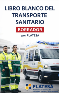 Portada del Libro Blanco del Transporte Sanitario en fase de borrador elaborado por PLATESA con dos TES y una ambulancia