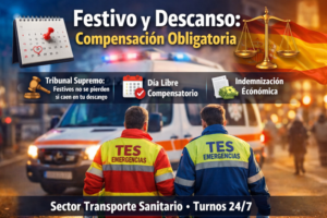 Dos técnicos en emergencias sanitarias de espaldas frente a una ambulancia con texto Festivo y Descanso Compensación Obligatoria y referencias al Tribunal Supremo