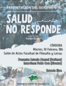 Cartel de la presentación del documental Salud No Responde en Córdoba, Facultad de Filosofía y Letras, con el logotipo de Marcas Blancas de Andalucía