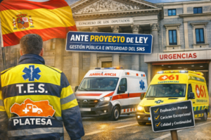 Montaje con la bandera de España, el Congreso, ambulancias, un TES de PLATESA y el texto Ante Proyecto de Ley Gestión Pública e Integridad del SNS