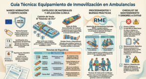 Guía técnica de PLATESA sobre equipamiento de inmovilización en ambulancias con marco normativo, catálogo de materiales y procedimientos
