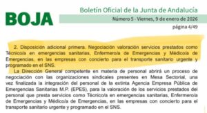 Captura del Boletín Oficial de la Junta de Andalucía BOJA número 5 del 9 de enero de 2026 con la disposición adicional primera sobre negociación de valoración de servicios de técnicos en emergencias sanitarias en el SNS