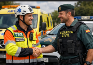 Técnico en emergencias sanitarias con casco y uniforme naranja estrechando la mano a un agente de la Guardia Civil junto a ambulancias