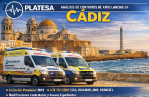 Infografía de PLATESA con análisis de contratos de ambulancias en Cádiz mostrando la UTE TSI Cádiz licitación provincial de 2018 y modificaciones contratadas