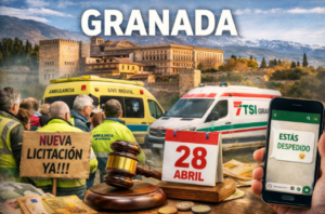 Infografía sobre el transporte sanitario de Granada con TES exigiendo nueva licitación ya, ambulancia de TSI, un calendario con fecha 28 de abril, mensaje de despido en móvil y la Alhambra al fondo
