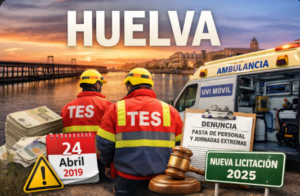 Dos técnicos en emergencias sanitarias de espaldas junto a una UVI Móvil en Huelva, con referencias a la licitación de 2019 aún vigente, denuncia de jornadas extremas y exigencia de nueva licitación en 2025