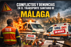 Infografía sobre conflictos laborales en el transporte sanitario de Málaga mostrando a un TES, ambulancias en llamas, el texto Huelga indefinida y URG 061 sin médico