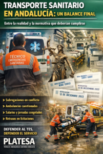 Cartel de PLATESA titulado Transporte sanitario en Andalucía un balance final, con un TES de espaldas, una ambulancia, una balanza de justicia y una lista de problemas del sector