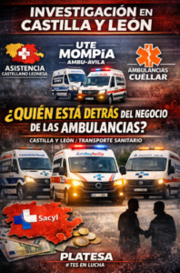 Infografía de PLATESA con el titular ¿Quién está detrás del negocio de las ambulancias en Castilla y León?, mostrando empresas concesionarias y ambulancias