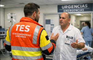 Técnico en emergencias sanitarias con uniforme naranja TES conversando con un médico de bata blanca en el área de Urgencias y Emergencias de un hospital