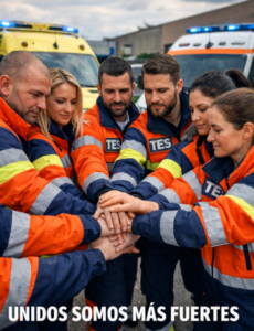 Grupo de técnicos en emergencias sanitarias uniformados juntando las manos con el lema Unidos somos más fuertes y ambulancias al fondo